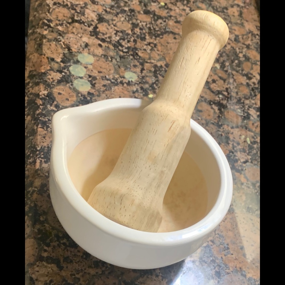 Vintage Thai ceramic mortar with wooden pestle